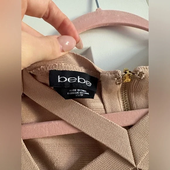 Bebe Off Shoulder Bandage Stretch Short Bodycon Mini Dress in Beige size… - Picture 2 of 8